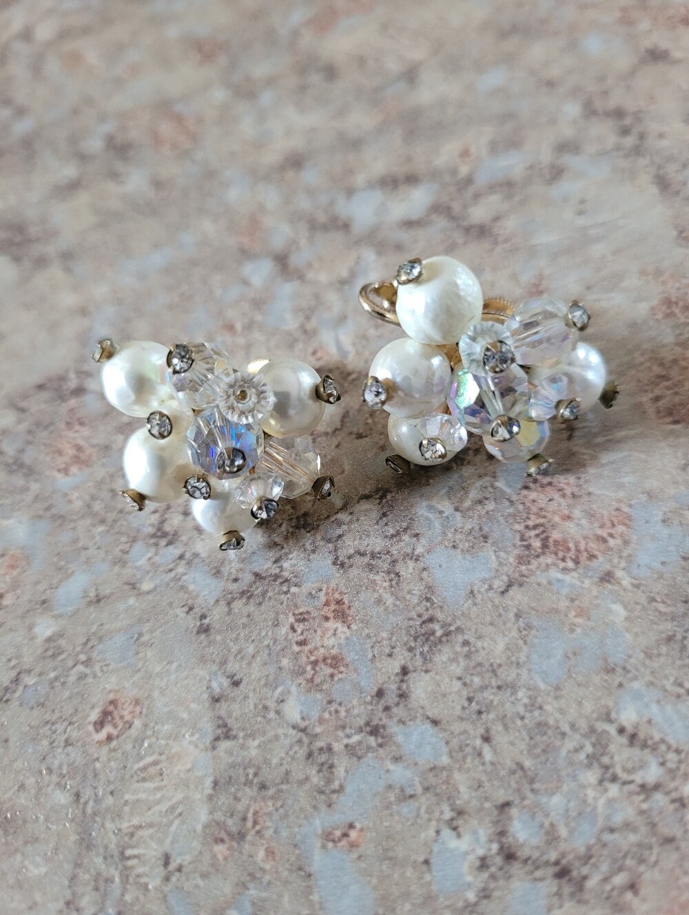 Vintage Cluster Clip-On Pearl, Crystal, and Gold-Tone Earrings